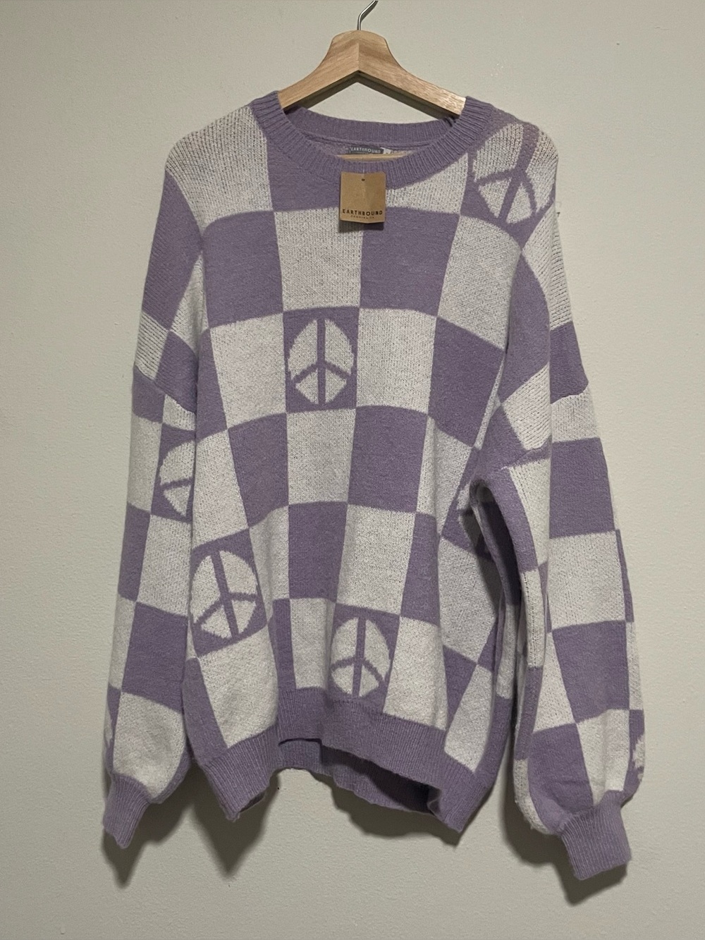 NWT Earthbound Trading Co Sweater Purple Peace Check Knit Pullover, Size Small